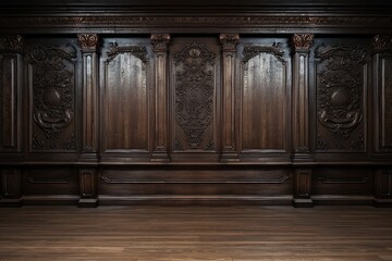 Premium style an empty room with wooden boiserie on the wall, featuring walnut wood panels. wooden...