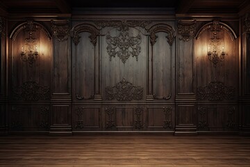 Premium style an empty room with wooden boiserie on the wall, featuring walnut wood panels. wooden wall of an old styled room - obrazy, fototapety, plakaty