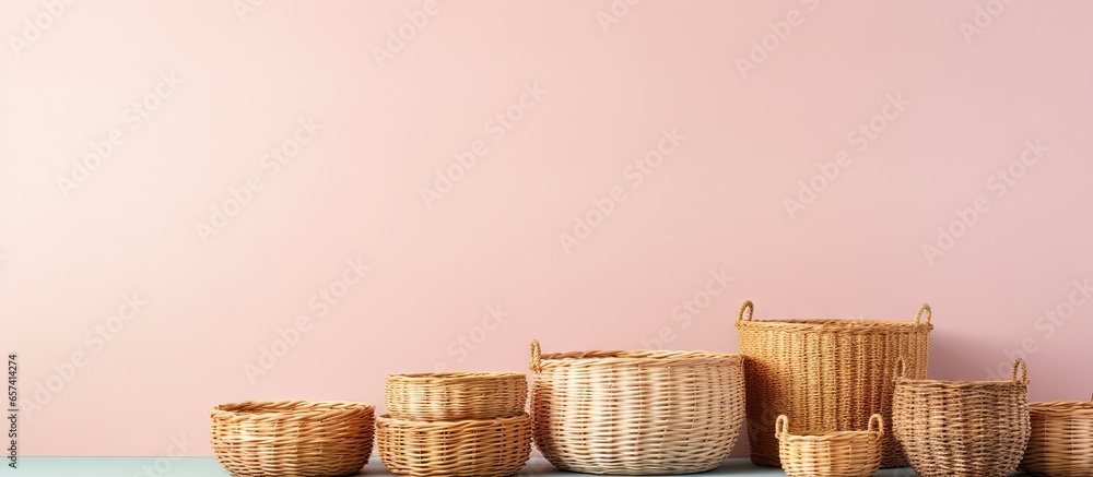 Aufkleber set of handmade wicker baskets of varying sizes isolated pastel background copy space