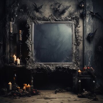 creativity empty photo frame. with a skull, candle, and abundant copy space.
