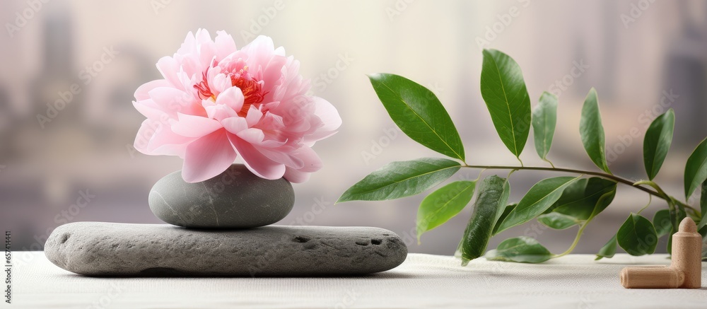 Aufkleber relaxing image featuring a pink peony flower stone pyramid and balanced green leaf creating a zen at