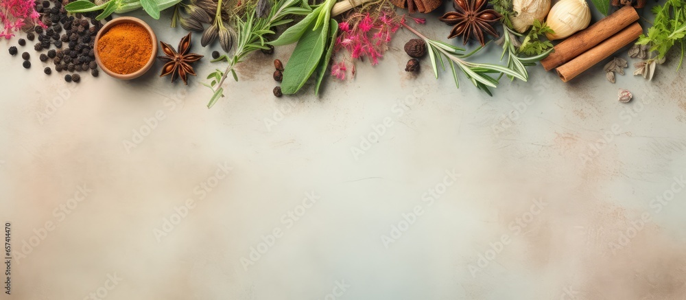 Poster Top view of various fragrant spices and herbs on a isolated pastel background Copy space