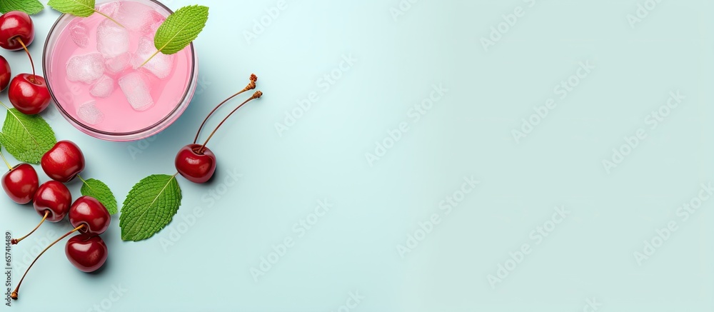 Poster top down view of a red cherry cocktail with mint isolated on a isolated pastel background copy space