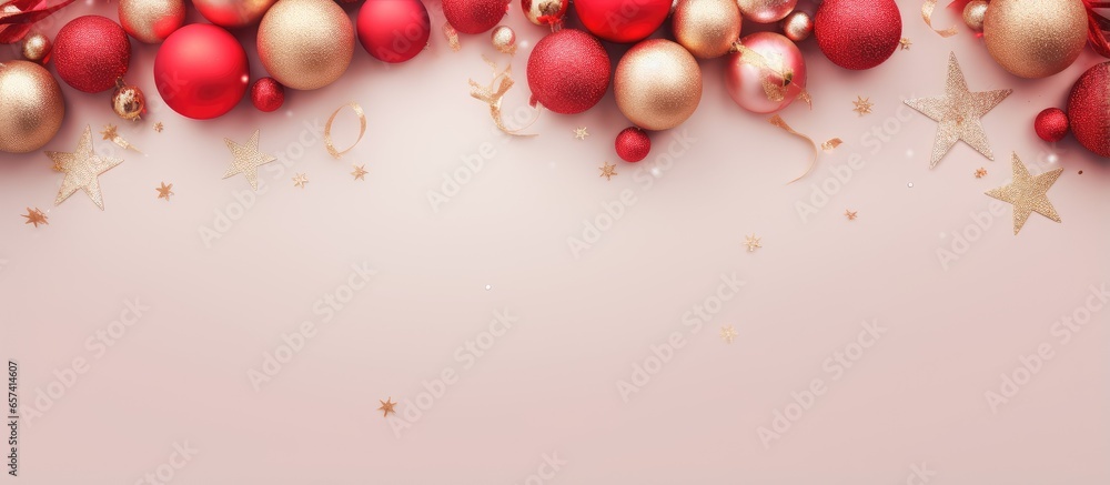 Poster Red Christmas decorations on a isolated pastel background Copy space viewed from above with empty space