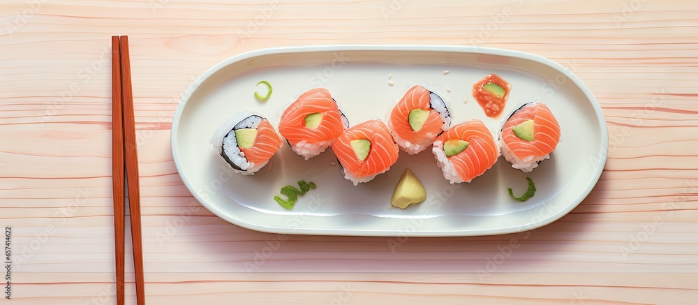 Poster sushi with salmon on a white plate on a isolated pastel background copy space