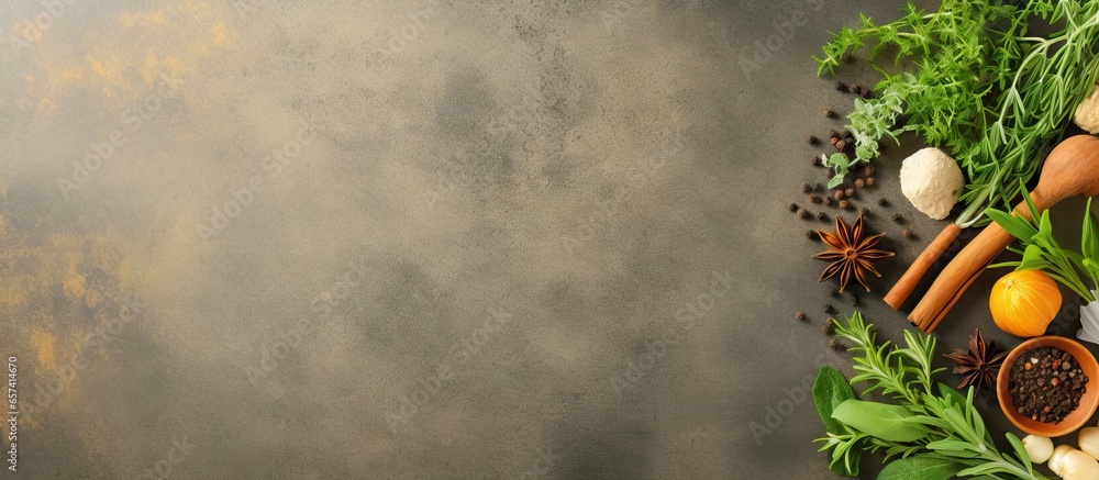 Poster Top view of various fragrant spices and herbs on a isolated pastel background Copy space