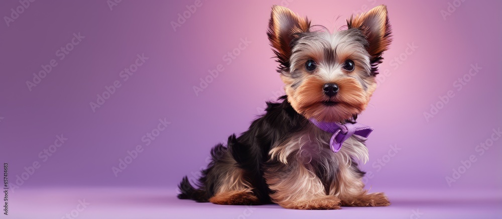 Poster small yorkie puppy alone on purple background studio portrait facing forward isolated pastel backgro