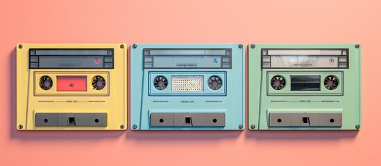 Fototapeta na wymiar Top view of three retro video cassettes on a isolated pastel background Copy space showcasing 80s technology