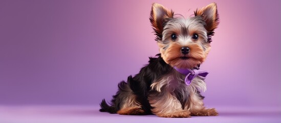 Small Yorkie puppy alone on purple background Studio portrait facing forward isolated pastel background Copy space