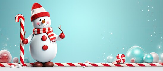 Snowman carrying a candy cane stepping and smiling joyfully isolated pastel background Copy space