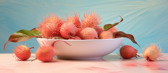 Rambutan design on plate isolated pastel background Copy space
