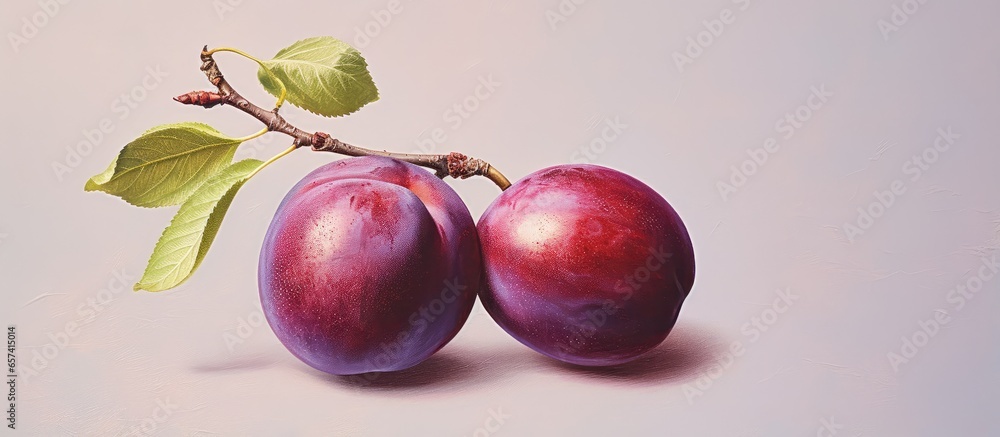 Poster plums with sliced plums on a isolated pastel background copy space