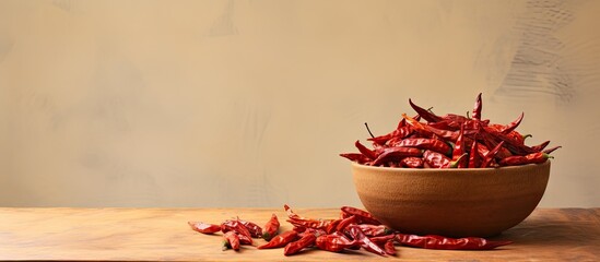 Red chillies dried in bowl isolated pastel background Copy space