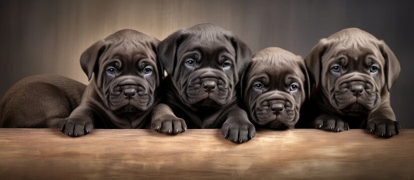 Puppies of different colors bred to become Neapolitan Mastino Handlers train dogs from a young age isolated pastel background Copy space