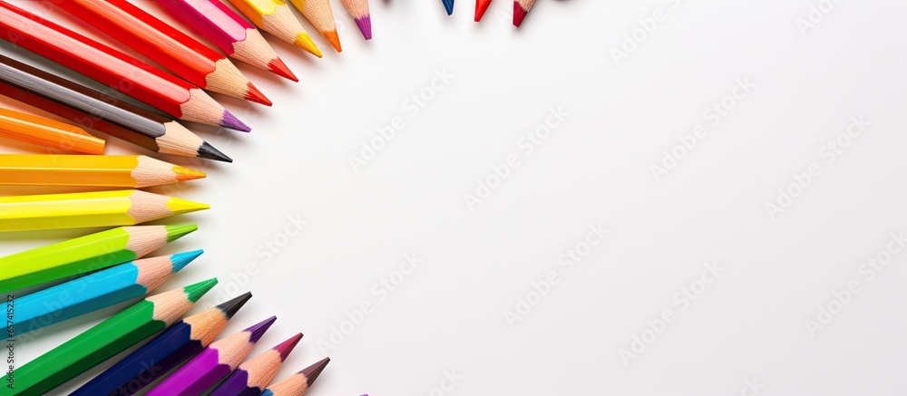 Poster round frame containing a set of colorful drawing tools scattered on a isolated pastel background cop