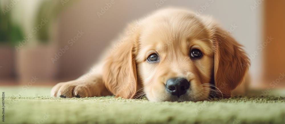 Poster tiny adorable golden retriever puppy isolated pastel background copy space carpet separate isolated 