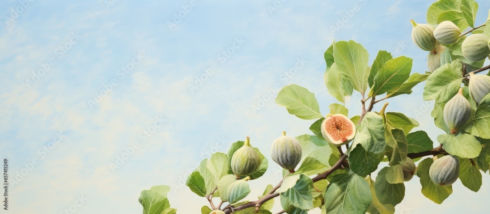 Poster the growth of the fig tree isolated pastel background copy space