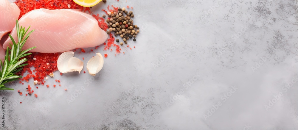 Poster top view of a spiced raw chicken fillet on a light grey stone background in a long banner format iso
