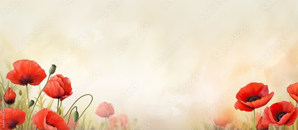 Aufkleber Red poppy bouquet with text space wild field flowers empty background isolated pastel background Copy space