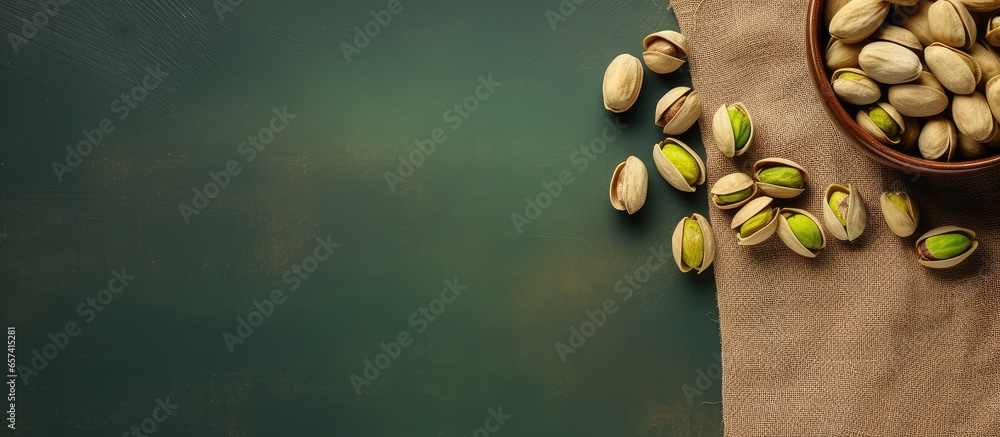 Poster pistachios displayed on a dark isolated pastel background copy space
