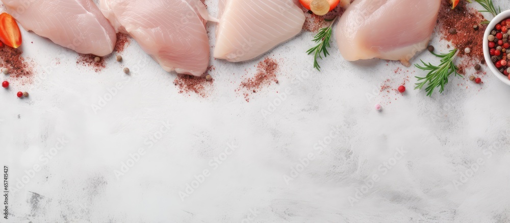 Aufkleber top view of a spiced raw chicken fillet on a light grey stone background in a long banner format iso