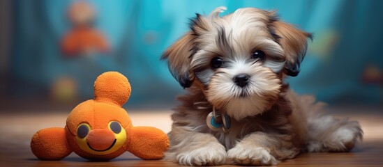 Puppy and toy playing isolated pastel background Copy space