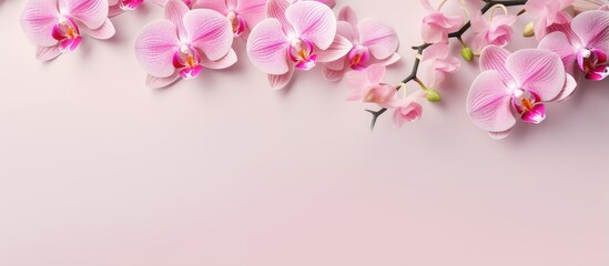 Naklejka na ściany i meble Pink flower on isolated pastel background Copy space