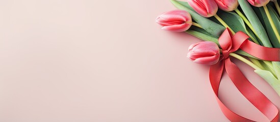 Red tulips with ribbon in vase isolated on a isolated pastel background Copy space