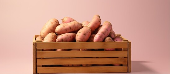 Sweet potato from Japan in wooden crate on a isolated pastel background Copy space