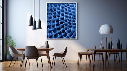 Contemporary room with minimalistic aesthetic, highlighted by a large blue abstract framed artwork