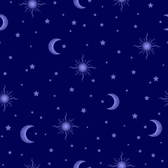 blue moon, crescent, stars, sun pattern. night sky seamless pattern. magic wizard print. good for fabric, pajama, bedding, sleep wear, costume, wallpaper, textile, fashion design.