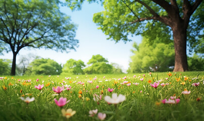 spring glade with blooming flora and trees set against a clear blue sky