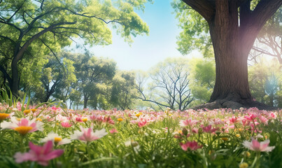 Obraz premium spring glade with blooming flora and trees set against a clear blue sky