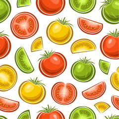 Vector Colorful Tomato seamless pattern, repeat background with various chopped garden tomatoes for bed linen, decorative square poster with group of flat lay raw juicy tomato fruits for home interior
