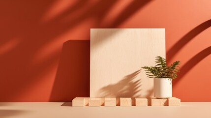 A sunny room's wooden accents and pots of plants on a orange background