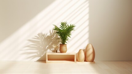 A sunny room's wooden accents and pots of plants on a white background