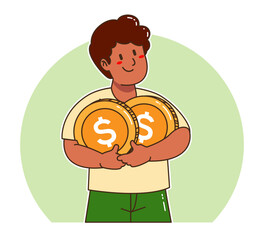 Cartoon man holding dollar coins