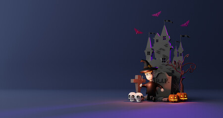 Halloween at graveyard with wizard at night in haunted graveyard and bats fly on night background .3D rendering