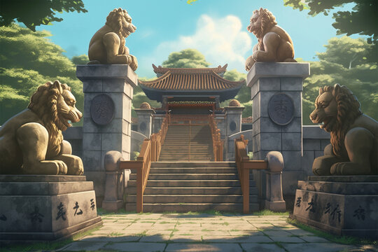 anime style background, a temple with lion statues