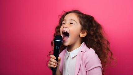 Girl singing with microphone - obrazy, fototapety, plakaty