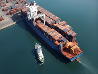 Fototapeta premium Aerial view of cargo ship and cargo container in harbor
