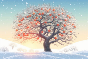 view of an orange tree in winter anime style