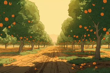 anime style orange grove view - obrazy, fototapety, plakaty