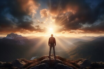 Fototapeta premium Man standing on top of the mountain and looking at the sunset