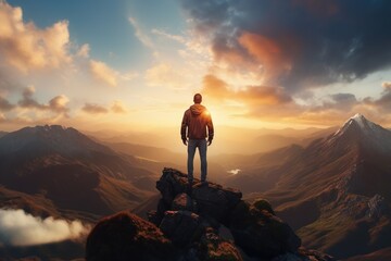 Man standing on top of the mountain and looking at the sunset - obrazy, fototapety, plakaty