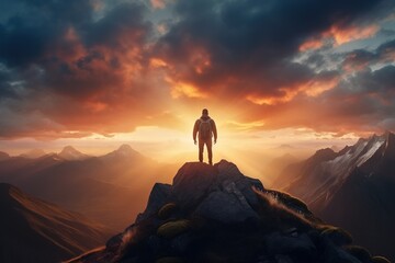Obraz premium Man standing on top of the mountain and looking at the sunset