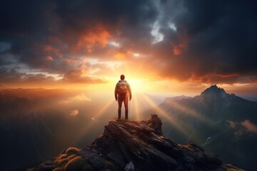 Man standing on top of the mountain and looking at the sunset