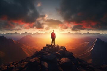 Man standing on top of the mountain and looking at the sunset