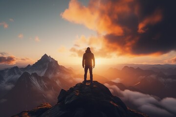 Man standing on top of the mountain and looking at the sunset