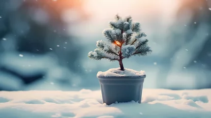 Foto auf Glas Beautiful mini Christmas tree in winter wallpaper 4k © daratorn